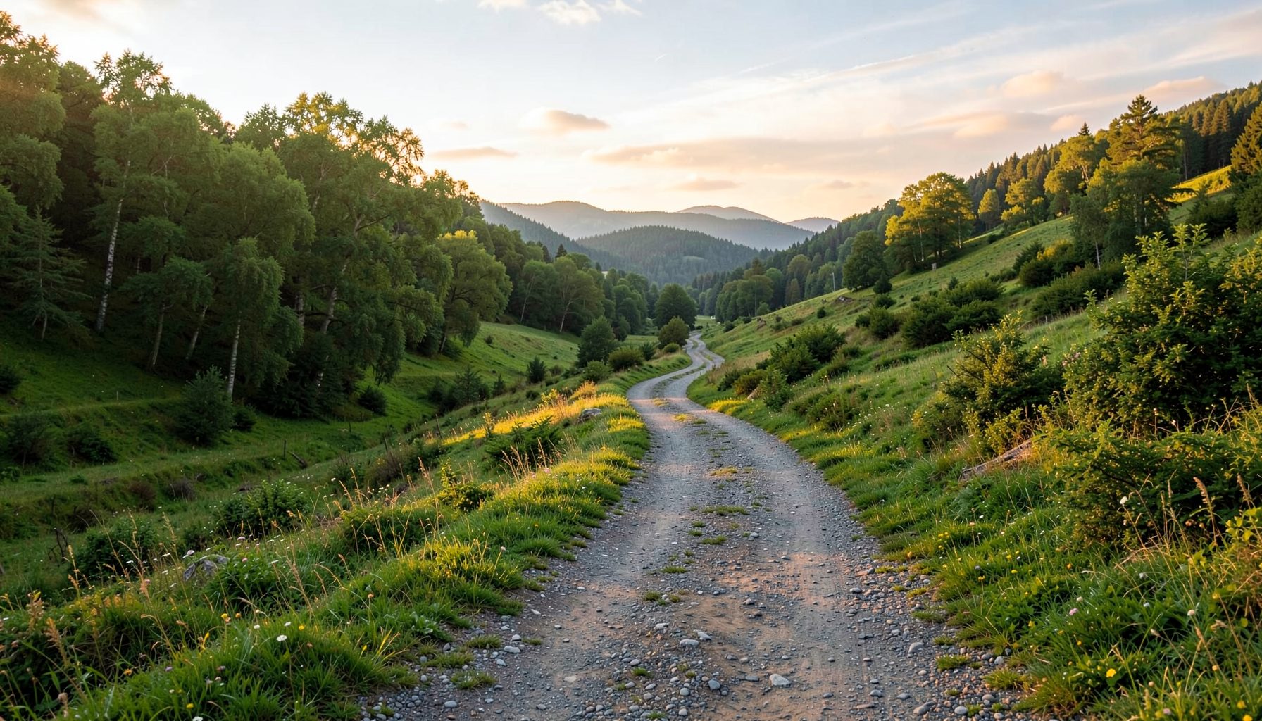 Et rolig landskap med en grusvei som slynger seg gjennom grønne åser i varmt kveldslys, fredelig og håpefull stemning