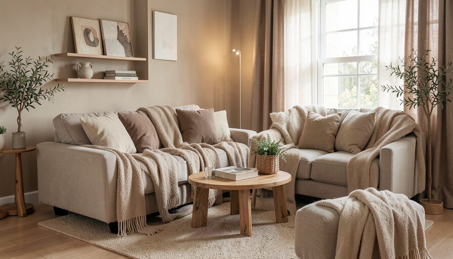 Koselig stue med to beige sofaer fulle av puter og strikkede pledd, et rundt trebord og potteplanter