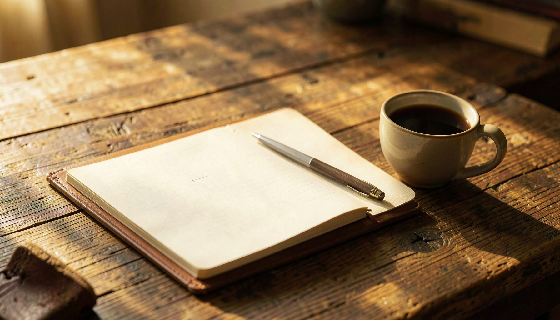 Rolig arbeidsbord med en åpen notatbok, penn og en kopp kaffe på et rustikt trebord i varmt gyllent lys